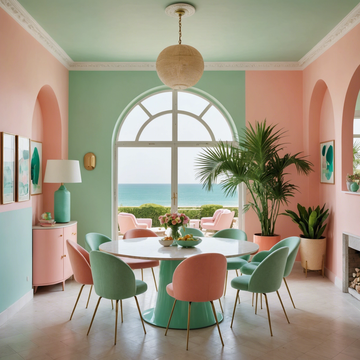 a beach house, sea view, pastel coloured lacquered