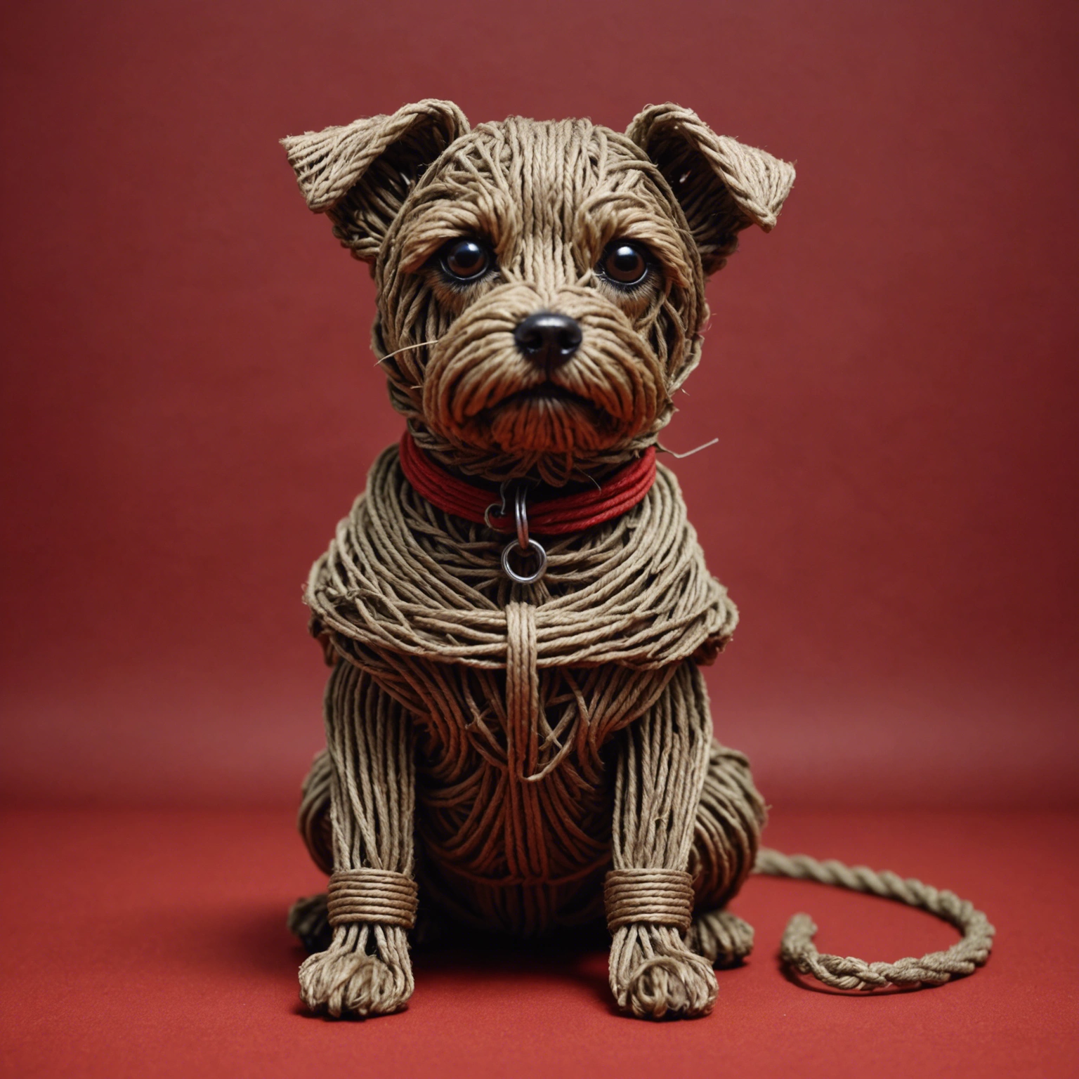 A small dog model made of rope, garbage, and iron 