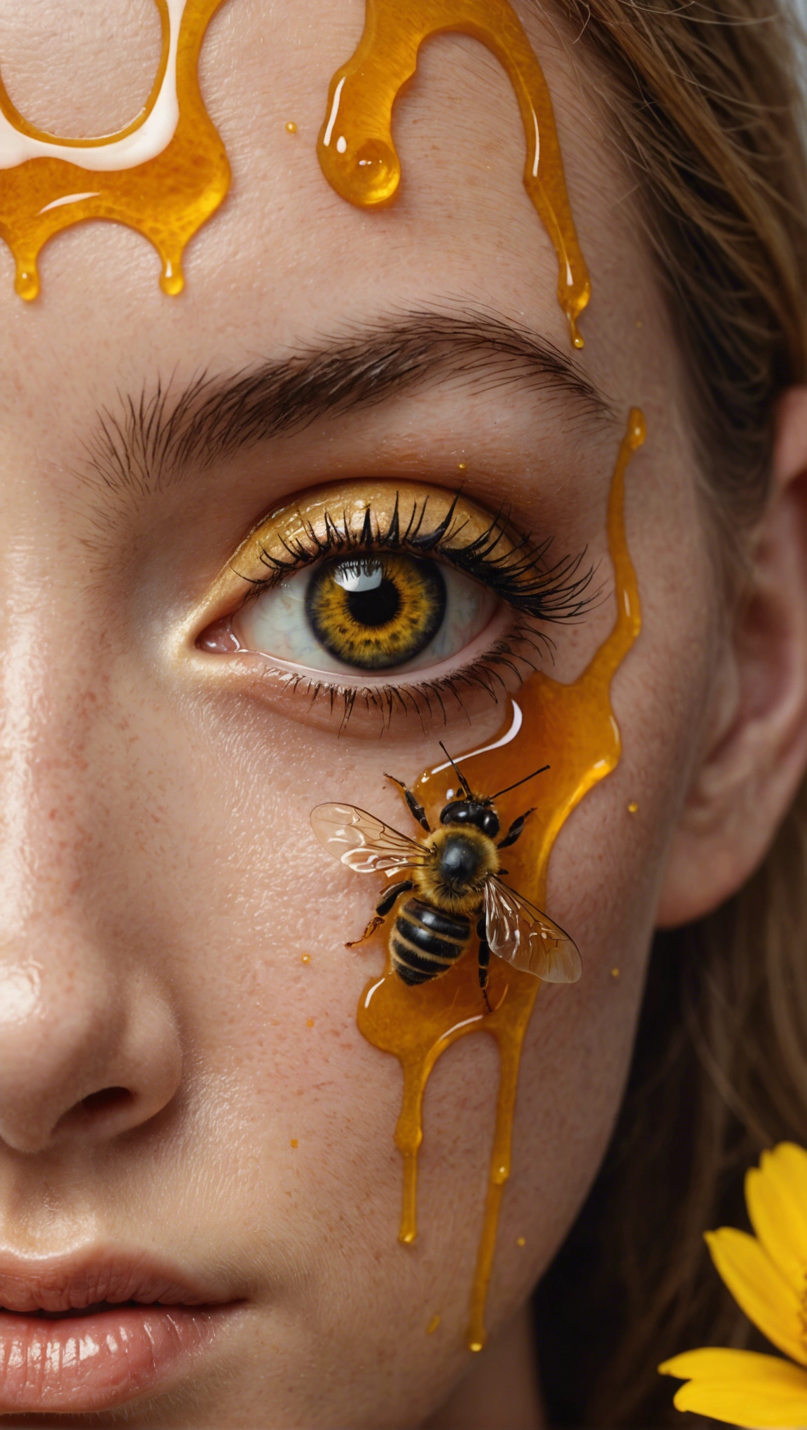 closeup hyper realistic model with a bee on her ey