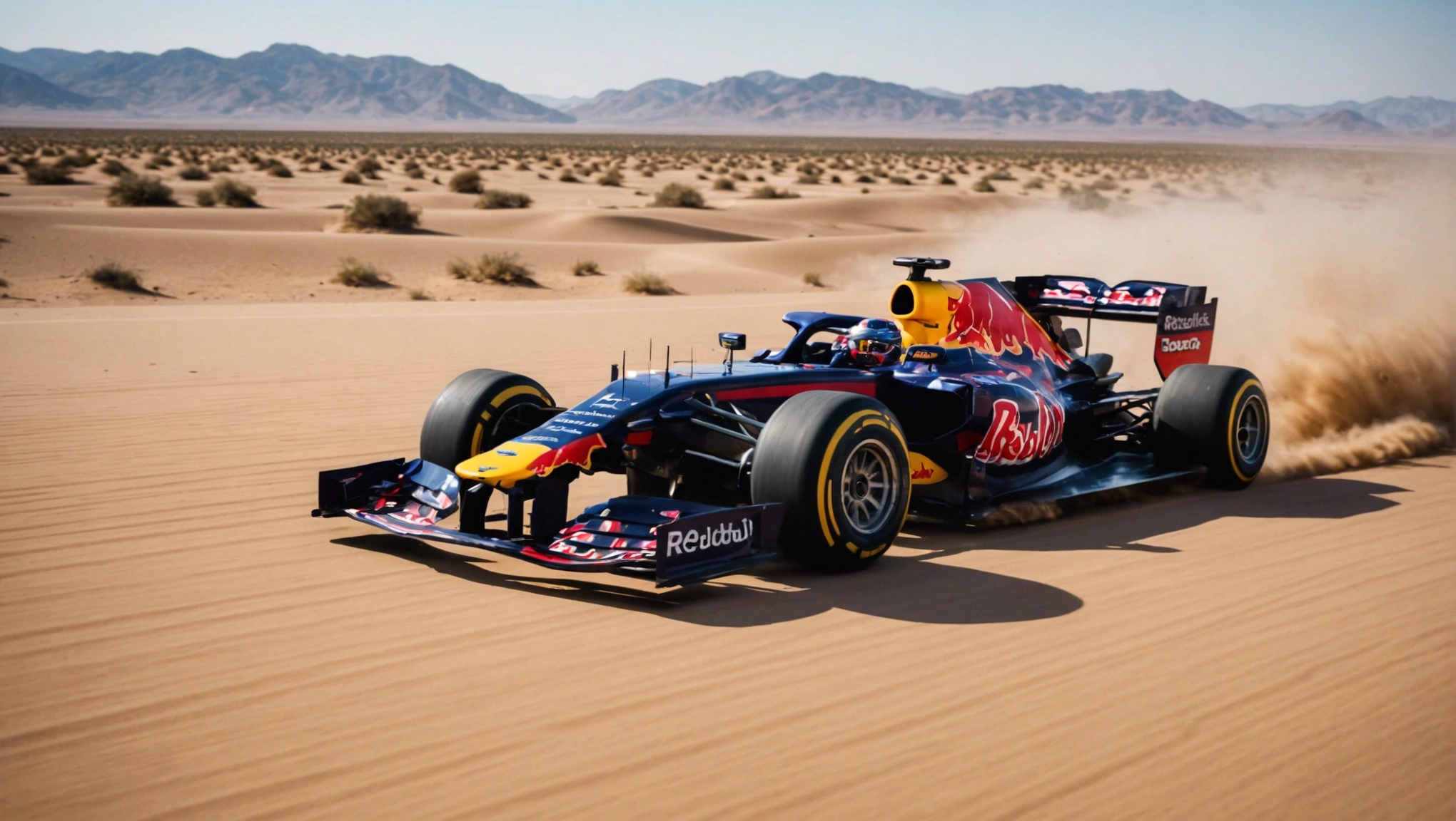 redbull formula 1 car in the middle of the desert 